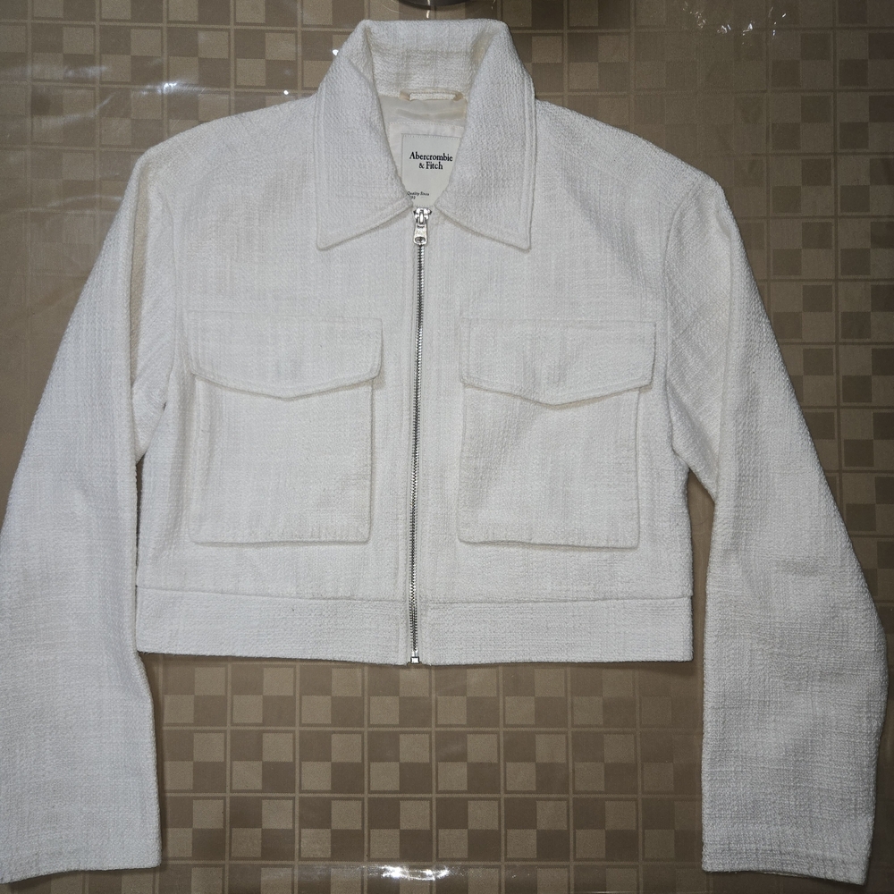 Abercrombie & Fitch Cream Cropped Textured Zip Jacket